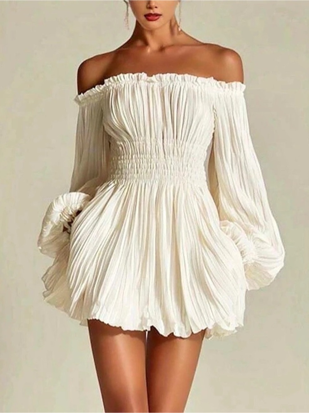 Off-Shoulder Pleated Dress in White Brand New